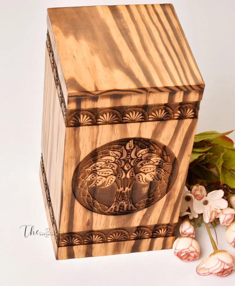 Pinewood Urn for Human Ashes - Tree of Life Deer Wooden Box - Personalized Cremation Urn for Ashes Handcrafted Large Wooden Urn Box