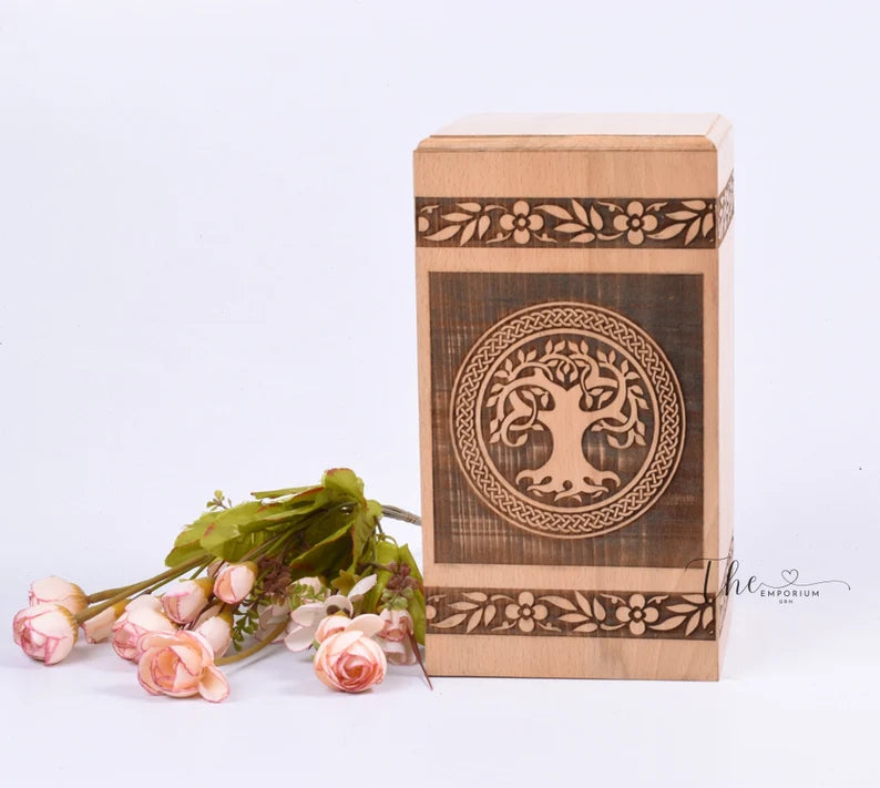 Handmade Steam Beech wood Urn for Human Ashes - Tree of Life urn box - Personalized Cremation Urn for Ashes smooth finish