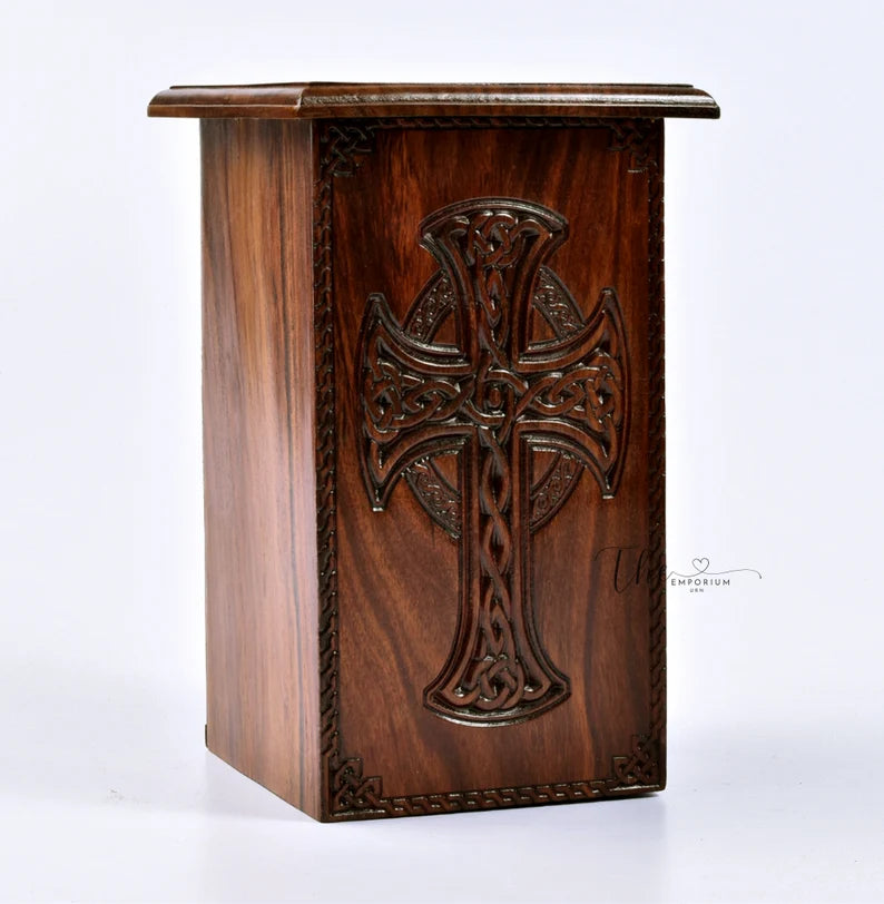 Rosewood Handcrafted Celtic Cross Urn for Human Ashes / Adult Urn / Christian Memorial Urn / Religious Urn