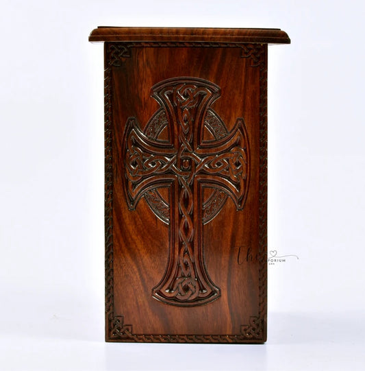 Rosewood Handcrafted Celtic Cross Urn for Human Ashes / Adult Urn / Christian Memorial Urn / Religious Urn