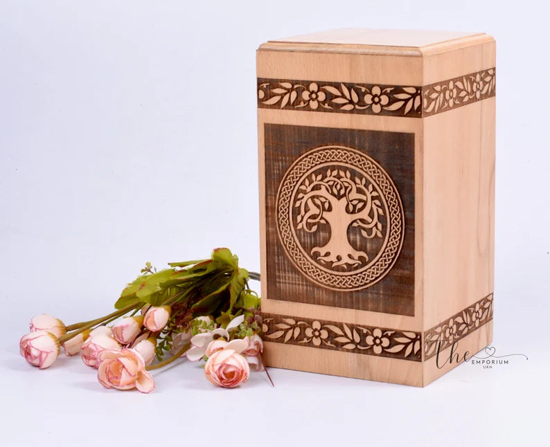 Handmade Steam Beech wood Urn for Human Ashes - Tree of Life urn box - Personalized Cremation Urn for Ashes smooth finish