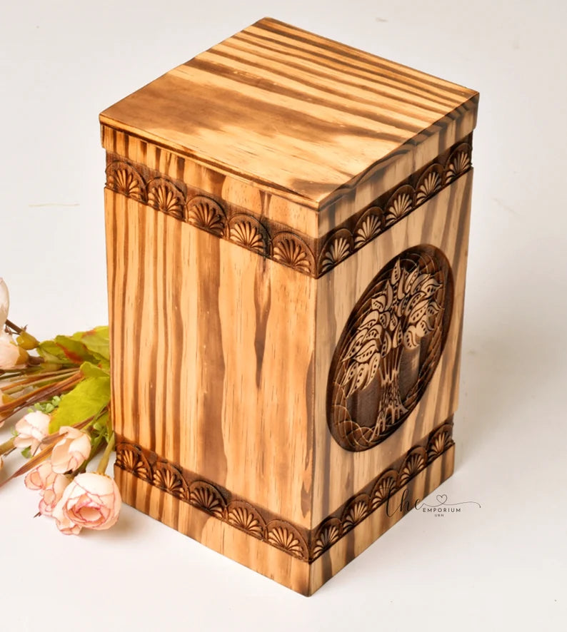 Pinewood Urn for Human Ashes - Tree of Life Deer Wooden Box - Personalized Cremation Urn for Ashes Handcrafted Large Wooden Urn Box