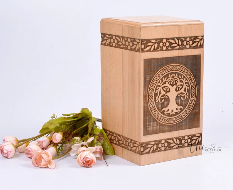 Handmade Steam Beech wood Urn for Human Ashes - Tree of Life urn box - Personalized Cremation Urn for Ashes smooth finish