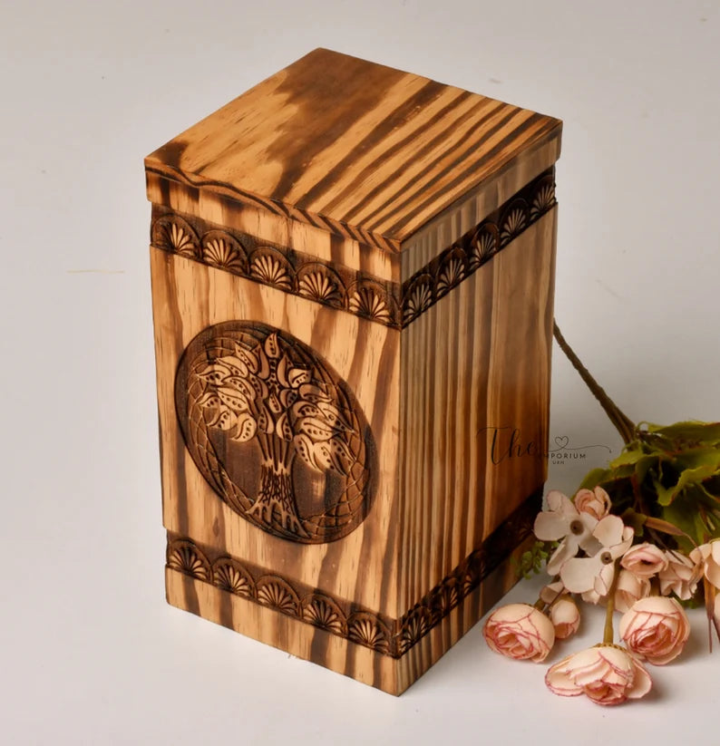 Pinewood Urn for Human Ashes - Tree of Life Deer Wooden Box - Personalized Cremation Urn for Ashes Handcrafted Large Wooden Urn Box