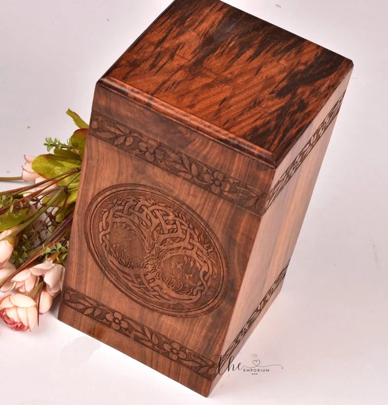 EMPORIUM URN Rosewood Urn for Human Ashes - Tree of Life Wooden Box - Personalized Cremation Urn for Ashes Handcrafted Large Wooden Urn Box