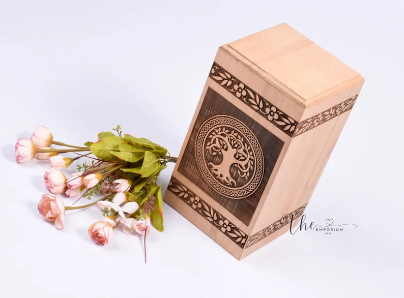 Handmade Steam Beech wood Urn for Human Ashes - Tree of Life urn box - Personalized Cremation Urn for Ashes smooth finish